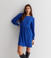 New Look Blue Crinkle Long Sleeve Mini Smock Dress